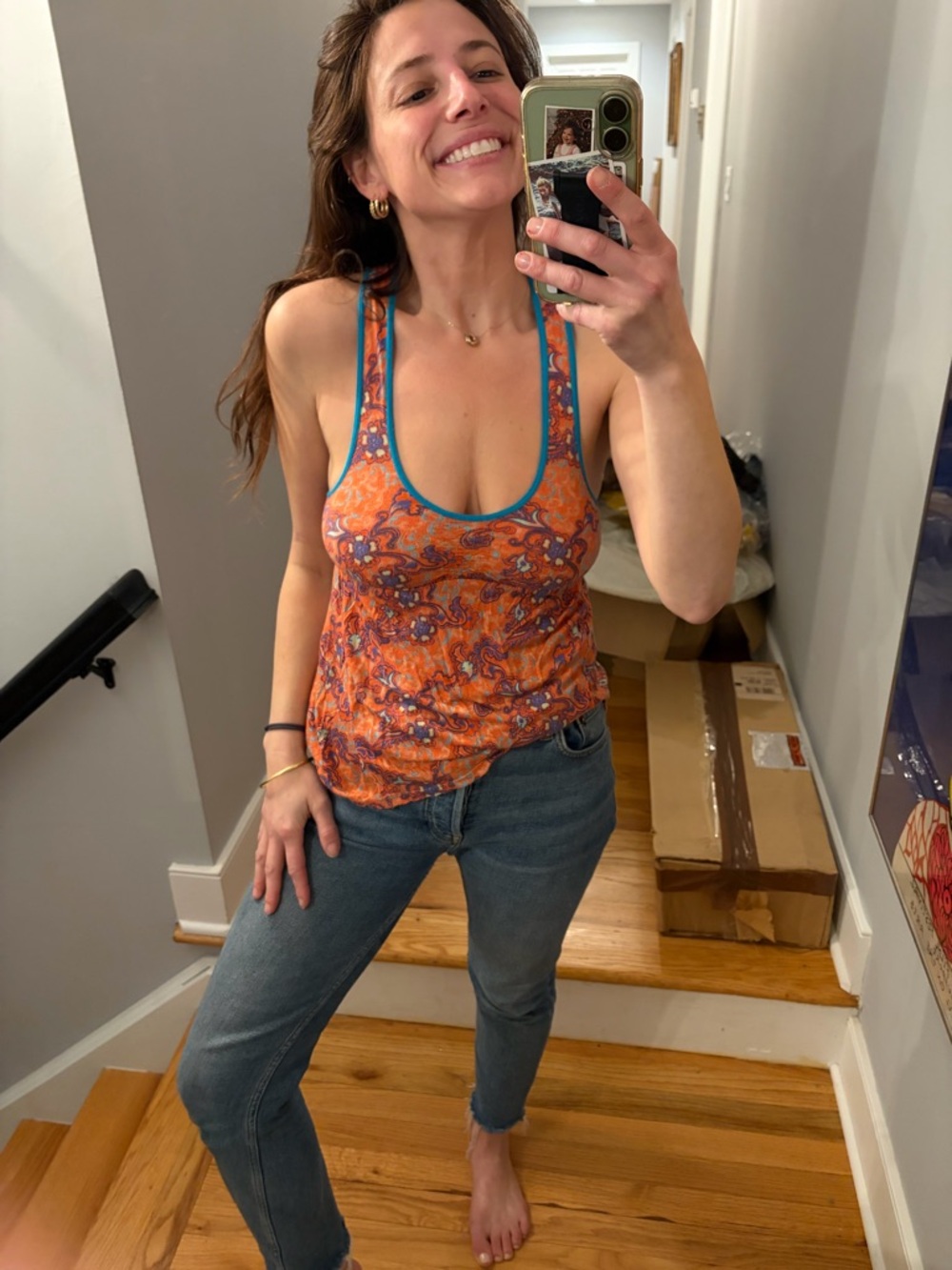 Free People Orange Paisley Racerback Tank Top Boho Yoga Y2K S
